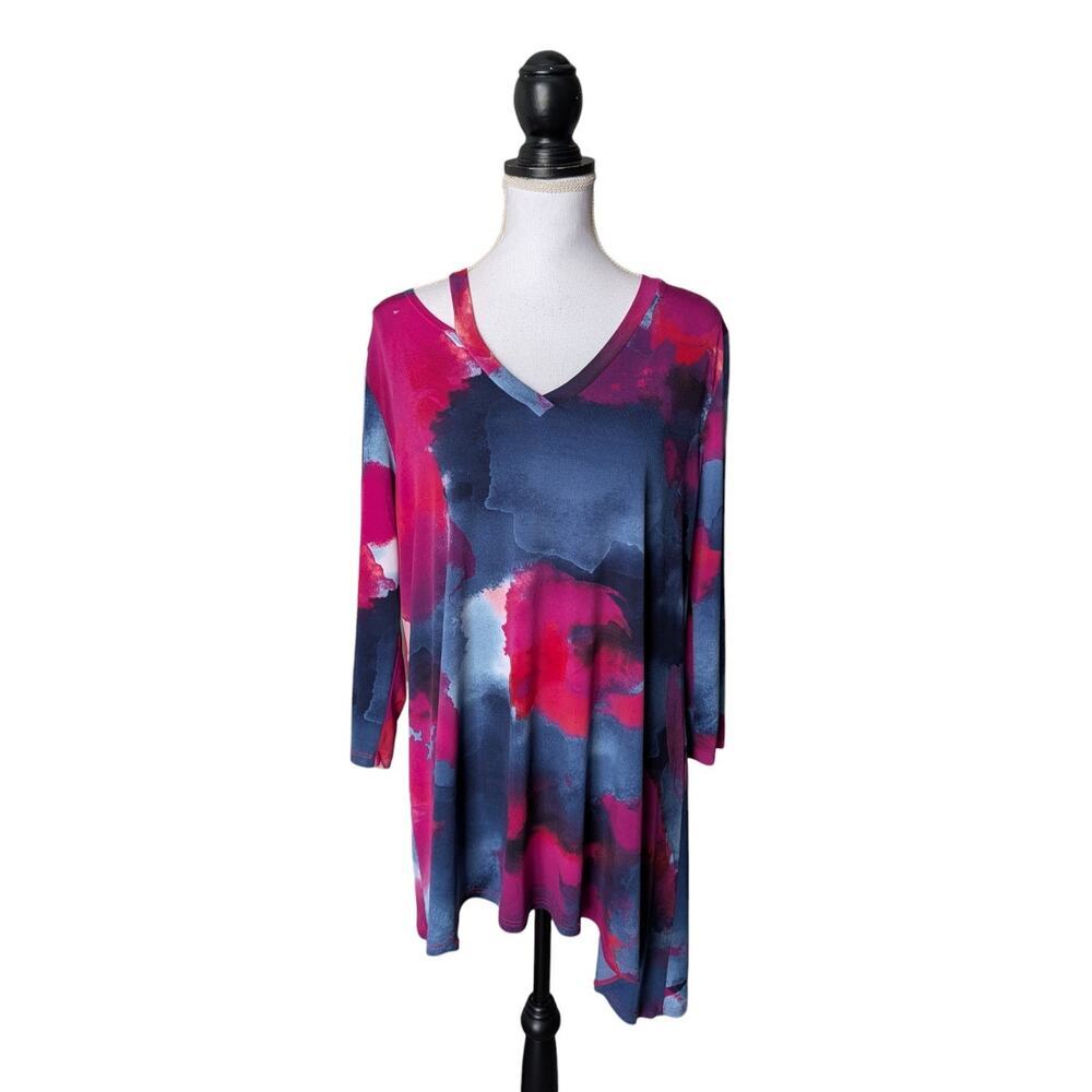 Clara Sun Woo Watercolor Asymmetrical V Neck Top Size Large Navy Blue Pink USA